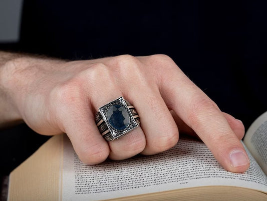 RARE PRINCE by CARAT SUTRA | Unique Turkish Style Ring with S Blue Sapphire, Oxidized Sterling Silver 925 Ring | Jewellery for Men| With Certificate of Authenticity and 925 Hallmark