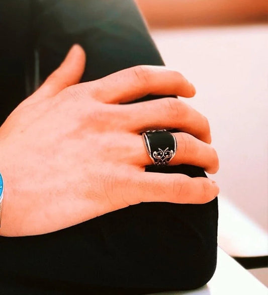 RARE PRINCE by CARAT SUTRA | Unique Designed Turkish Style Curved Ring with Natural Black Onyx | 925 Sterling Silver Ring | Men's Jewelry | With Certificate of Authenticity and 925 Hallmark