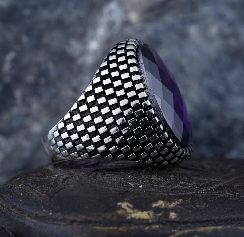 RARE PRINCE by CARAT SUTRA | Unique Designed Turkish Style Ring with Purple Amethyst , 925 Sterling Silver Oxidized Ring | Men's Jewelry | With Certificate of Authenticity and 925 Hallmark