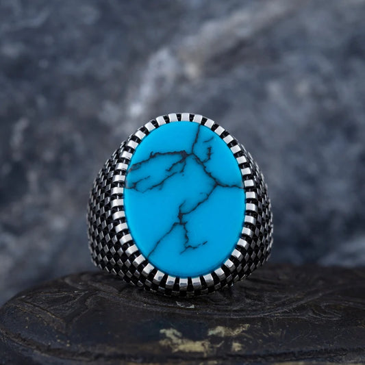 RARE PRINCE by CARAT SUTRA | Unique Designed Turkish Style Ring with Natural Irani Turquoise (Firoza) | 925 Sterling Silver Oxidized Ring | Men's Jewelry | With Certificate of Authenticity and 925 Hallmark
