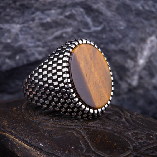 RARE PRINCE by CARAT SUTRA | Unique Designed Turkish Style Ring with Natural Tiger Eye | 925 Sterling Silver Oxidized Ring | Men's Jewelry | With Certificate of Authenticity and 925 Hallmark