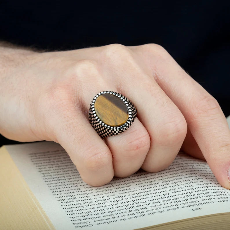 RARE PRINCE by CARAT SUTRA | Unique Designed Turkish Style Ring with Natural Tiger Eye | 925 Sterling Silver Oxidized Ring | Men's Jewelry | With Certificate of Authenticity and 925 Hallmark