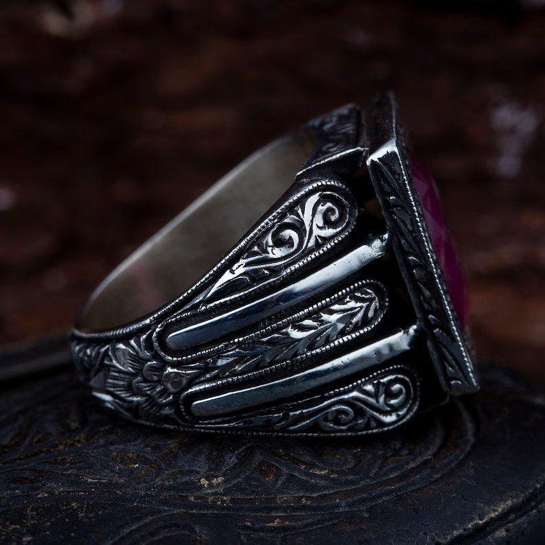 RARE PRINCE by CARAT SUTRA | Unique Designed Turkish Style Heavy Ring with Natural Red Ruby | 22kt Gold Micron Plated 925 Sterling Silver Oxidized Ring | Men's Jewelry | With Certificate of Authenticity and 925 Hallmark - caratsutra
