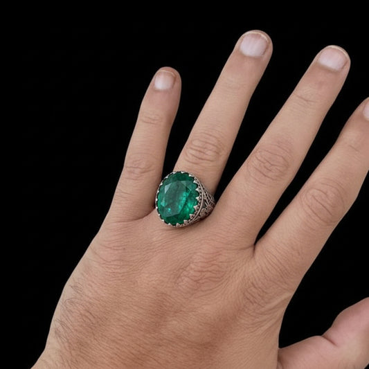 Unique Designed Turkish Style Ring with Natural Emerald | 925 Sterling Silver Oxidized Ring |With Certificate of Authenticity and 925 Hallmark