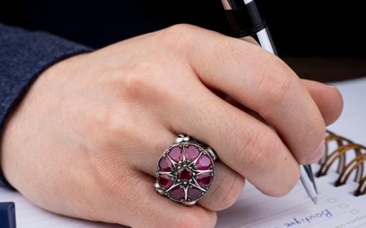 RARE PRINCE by CARAT SUTRA | Unique Designed Ring with Natural Victorian Ruby Dome| 925 Sterling Silver Oxidized Ring | Men's Jewelry | With Certificate of Authenticity and 925 Hallmark - caratsutra