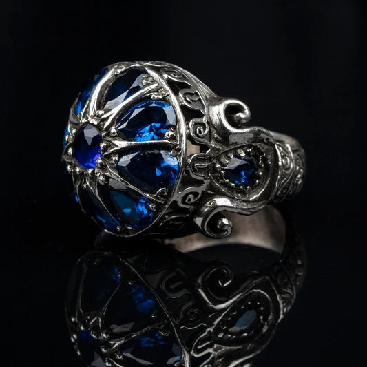 RARE PRINCE by CARAT SUTRA | Unique Turkish Style Ring with Victorian Blue Zircon | 925 Sterling Silver Oxidized Ring | Men's Jewelry | With Certificate of Authenticity and 925 Hallmark