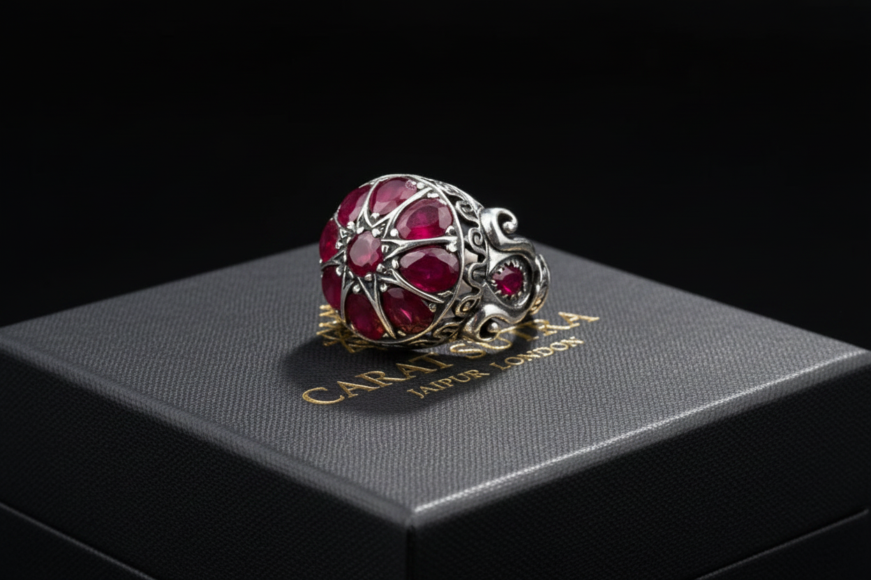 RARE PRINCE by CARAT SUTRA | Unique Designed Ring with Natural Victorian Ruby Dome| 925 Sterling Silver Oxidized Ring | Men's Jewelry | With Certificate of Authenticity and 925 Hallmark - caratsutra