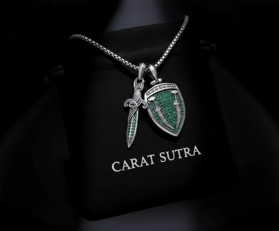 RARE PRINCE by CARAT SUTRA | Unique Designed Sword & Shield Silver Pendant With Green Zirconia Stone for Men | 925 Sterling Silver Oxidized Pendant | Men's Jewelry | With Certificate of Authenticity and 925 Hallmark - caratsutra