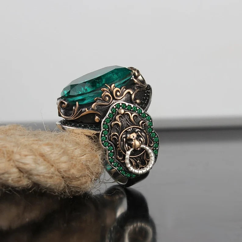 Unique Designed Turkish Style Ring with Emerald | 925 Sterling Silver Oxidized Ring | With Certificate of Authenticity and 925 Hallmark