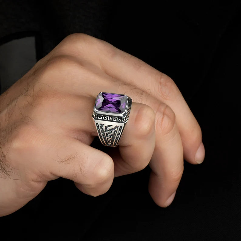 RARE PRINCE by CARAT SUTRA | Unique Versace Designed Turkish Style Ring with Purple Amethyst , 925 Sterling Silver Oxidized Ring | Men's Jewelry | With Certificate of Authenticity and 925 Hallmark