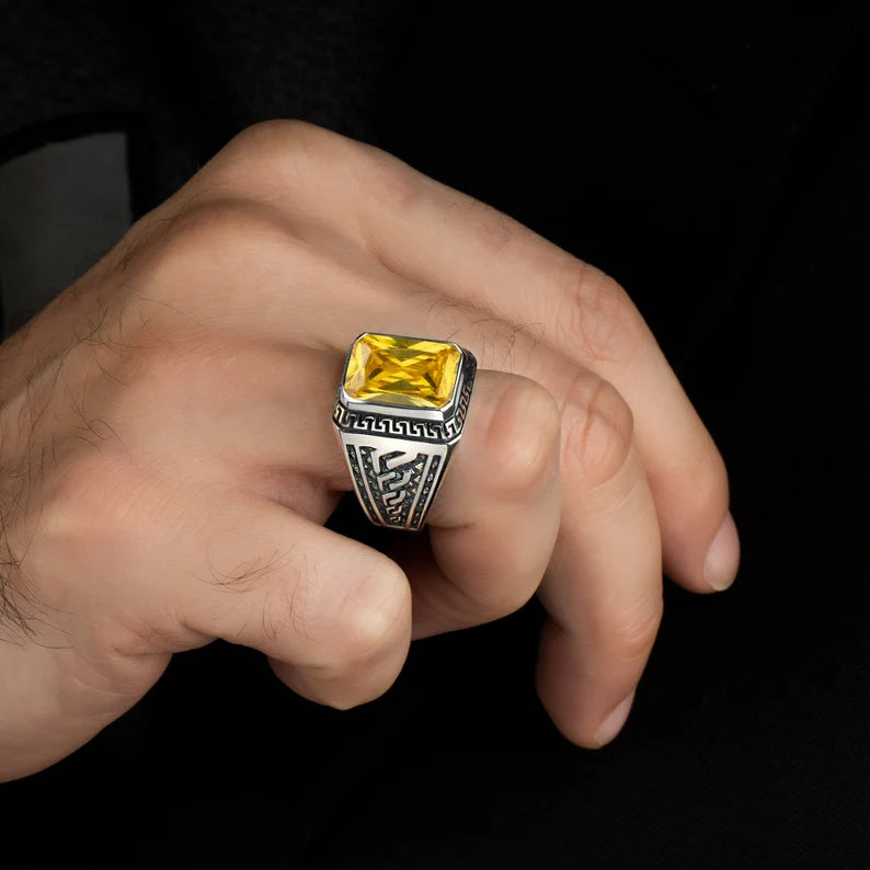 RARE PRINCE by CARAT SUTRA | Unique Versace Designed Turkish Style Ring with Natural Yellow Citrine , 925 Sterling Silver Oxidized Ring | Men's Jewelry | With Certificate of Authenticity and 925 Hallmark