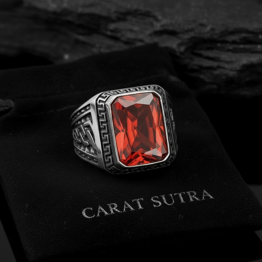RARE PRINCE by CARAT SUTRA | Unique Versace Designed Turkish Style Ring with Natural Gomed , 925 Sterling Silver Oxidized Ring | Men's Jewelry | With Certificate of Authenticity and 925 Hallmark