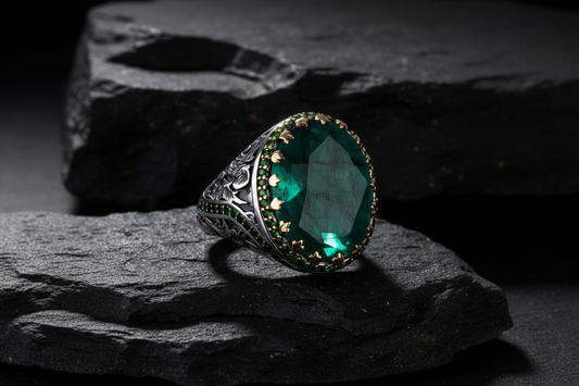 Unique Designed Turkish Style Ring with Natural Emerald | 925 Sterling Silver Oxidized Ring