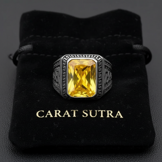 RARE PRINCE by CARAT SUTRA | Unique Versace Designed Turkish Style Ring with Natural Yellow Citrine , 925 Sterling Silver Oxidized Ring | Men's Jewelry | With Certificate of Authenticity and 925 Hallmark