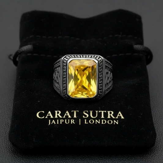 RARE PRINCE by CARAT SUTRA | Unique Versace Designed Turkish Style Ring with Natural Yellow Citrine , 925 Sterling Silver Oxidized Ring | Men's Jewelry | With Certificate of Authenticity and 925 Hallmark - caratsutra