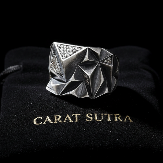 RARE PRINCE by CARAT SUTRA | Unique Designed Zigzag Style Turkish Style Ring with White Zirconia | 925 Sterling Silver Oxidized Ring | Men's Jewelry | With Certificate of Authenticity and 925 Hallmark