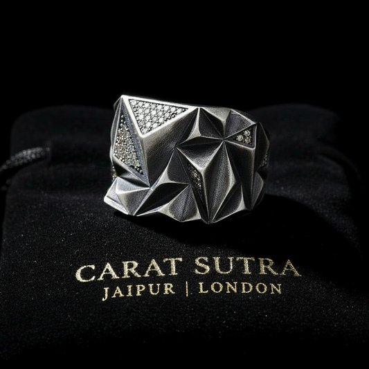 Matt Finish Unique Designed Zigzag Style Turkish Style Ring with White Zirconia | 925 Sterling Silver Oxidized Ring | Men's Jewelry | With Certificate of Authenticity and 925 Hallmark