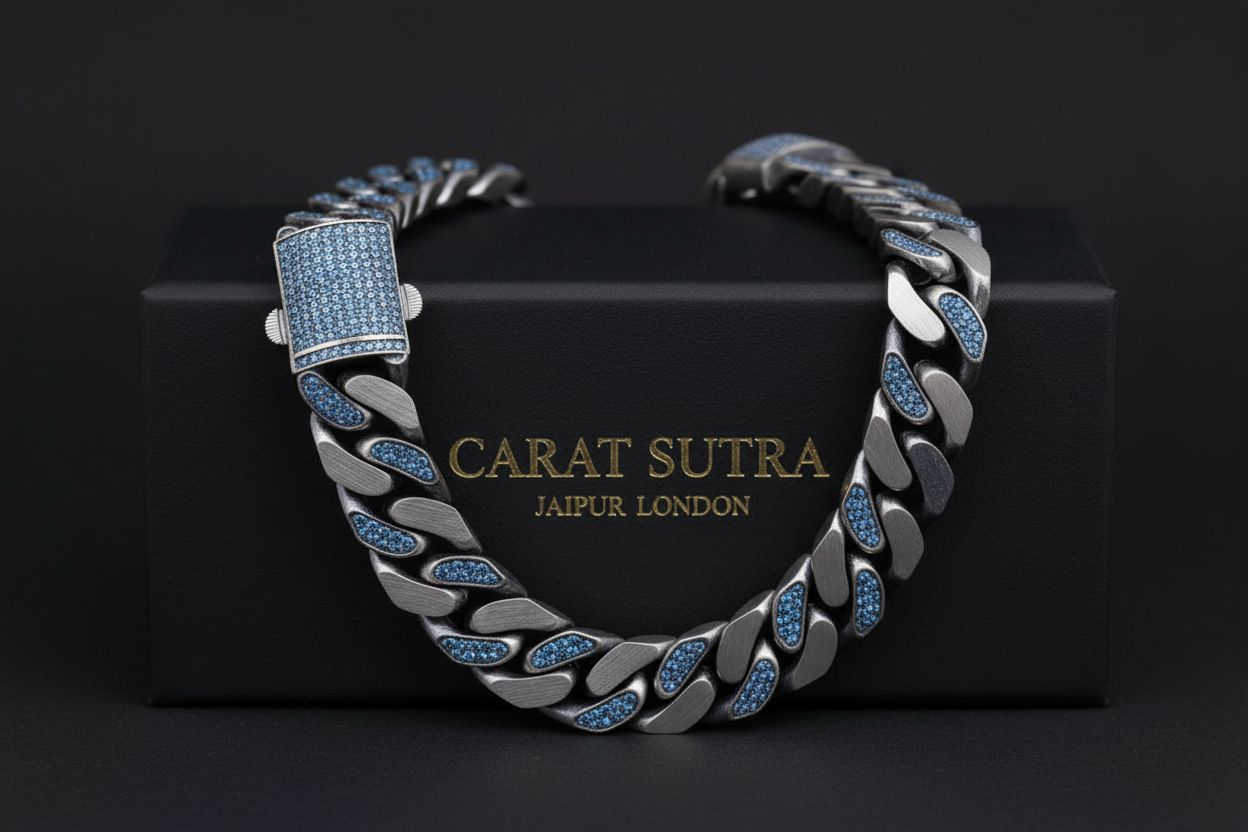 RARE PRINCE by CARAT SUTRA | 14mm Unique Blue Iced Cuban Link Bracelet for Men | Dark Oxidized 925 Silver Bracelet | Men's Jewelry | With Certificate of Authenticity and 925 Hallmark - caratsutra