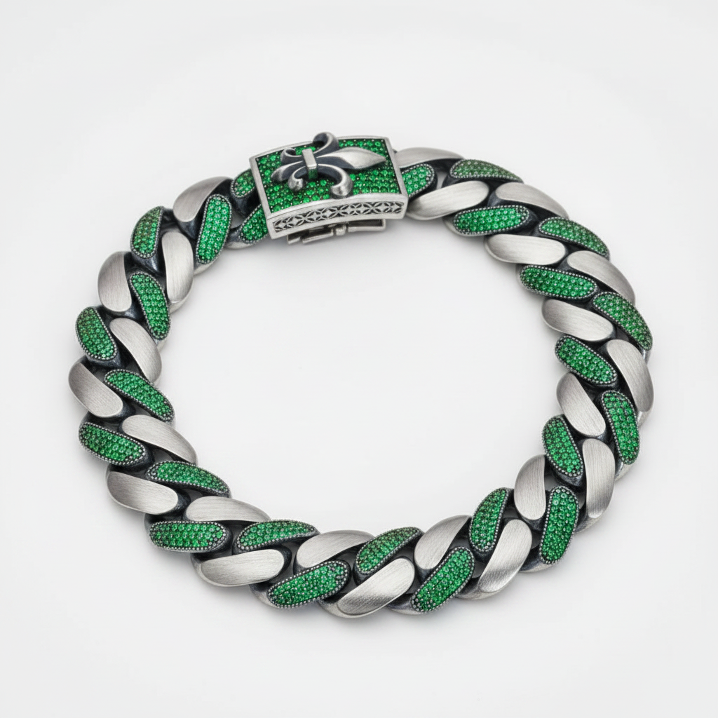 16mm wide, Unique Fleur-De-Lis natural emerald Iced Cuban Link Bracelet for Men | Dark Oxidized 925 Silver Bracelet | With Certificate of Authenticity and 925 Hallmark (Copy) - caratsutra