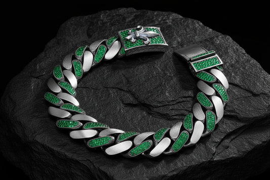 16mm wide, Unique Fleur-De-Lis Blue Iced Cuban Link Bracelet for Men | Dark Oxidized 925 Silver Bracelet | With Certificate of Authenticity and 925 Hallmark - caratsutra