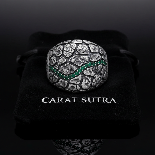 RARE PRINCE by CARAT SUTRA | Unique Designed Turkish Style Ring with Emerald Stone | 925 Sterling Silver Oxidized Ring | Men's Jewelry | With Certificate of Authenticity and 925 Hallmark