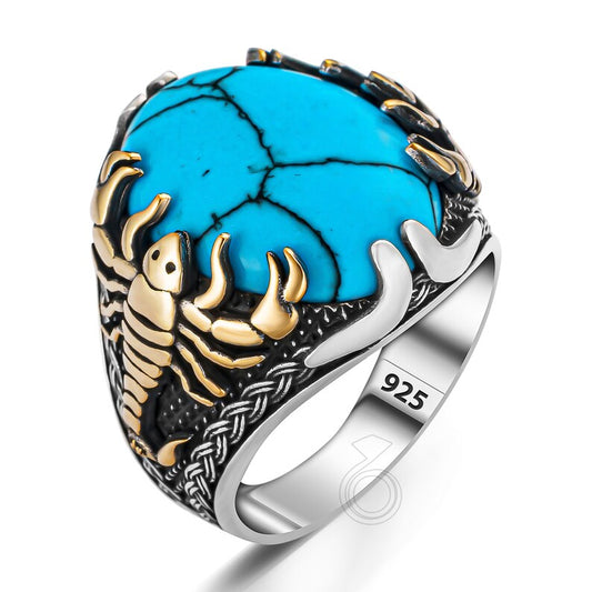 RARE PRINCE by CARAT SUTRA | Unique Designed Turkish Style Ring with Natural Irani Turquoise (Firoza) | 925 Sterling Silver Oxidized Ring | Men's Jewelry | With Certificate of Authenticity and 925 Hallmark