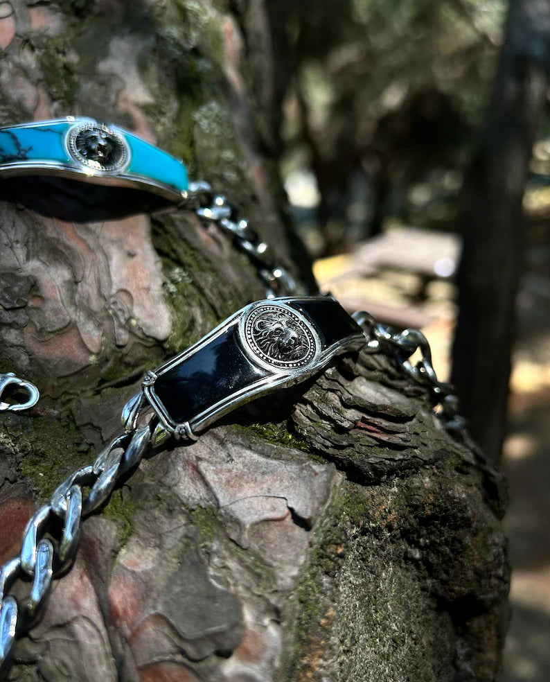 RARE PRINCE by CARAT SUTRA | Heavy Lion Chain Bracelet with Natural Blue Turquoise for Men | 925 Sterling Silver Bracelet | Men's Jewelry | With Certificate of Authenticity and 925 Hallmark