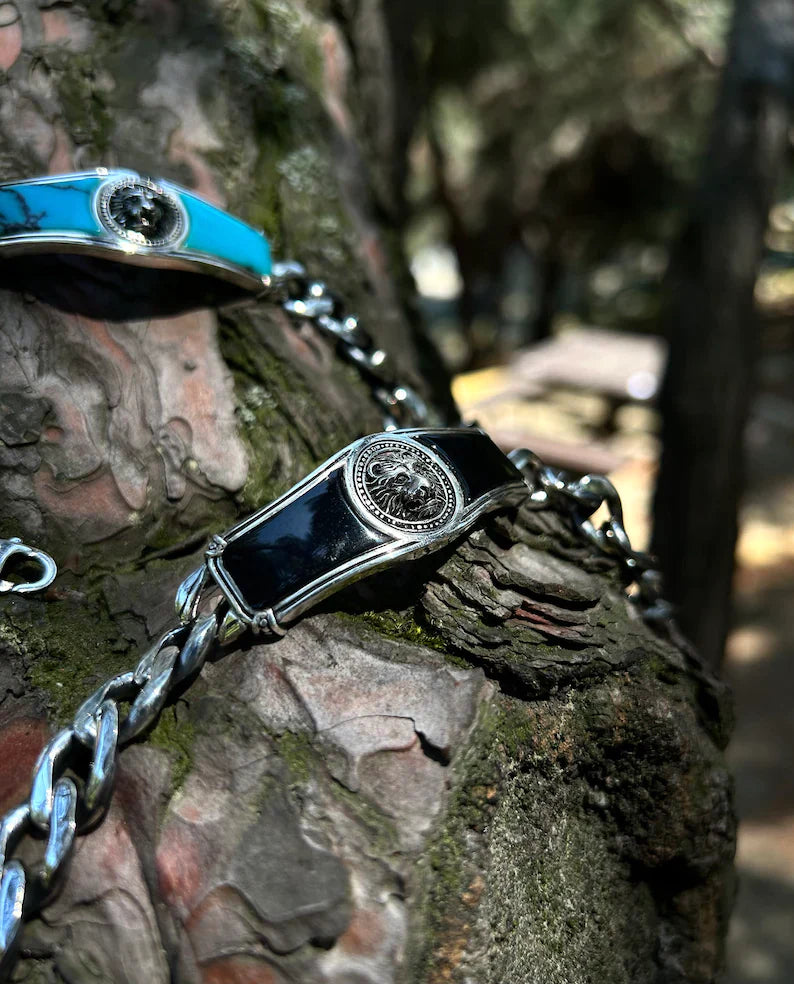 RARE PRINCE by CARAT SUTRA | Heavy Lion Chain Bracelet with Natural Black Onyx for Men | 925 Sterling Silver Bracelet | Men's Jewelry | With Certificate of Authenticity and 925 Hallmark