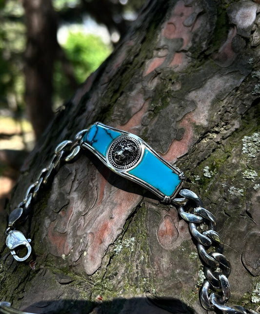 RARE PRINCE by CARAT SUTRA | Heavy Lion Chain Bracelet with Natural Irani Turquoise (Firoza) for Men | 925 Sterling Silver Bracelet | Men's Jewelry | With Certificate of Authenticity and 925 Hallmark