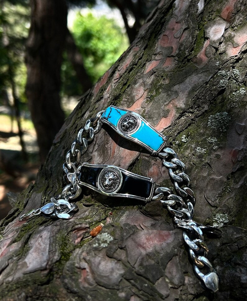 RARE PRINCE by CARAT SUTRA | Heavy Lion Chain Bracelet with Natural Blue Turquoise for Men | 925 Sterling Silver Bracelet | Men's Jewelry | With Certificate of Authenticity and 925 Hallmark