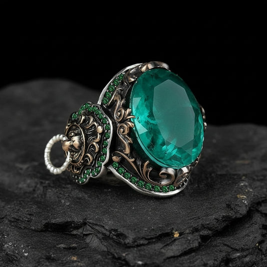 Unique Designed Turkish Style Ring with Emerald | 925 Sterling Silver Oxidized Ring | With Certificate of Authenticity and 925 Hallmark