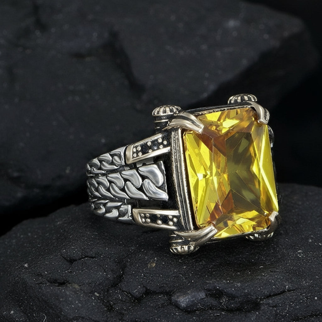 Versace Designed Turkish Style Ring with 12 ct Natural Yellow Citrine ,925  Sterling Silver Oxidized Ring With Certificate of Authenticity and 925