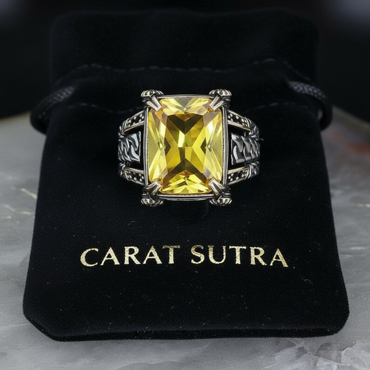 Versace Designed Turkish Style Ring with 12 ct Natural Yellow Citrine ,925 Sterling Silver Oxidized Ring | With Certificate of Authenticity and 925 Hallmark