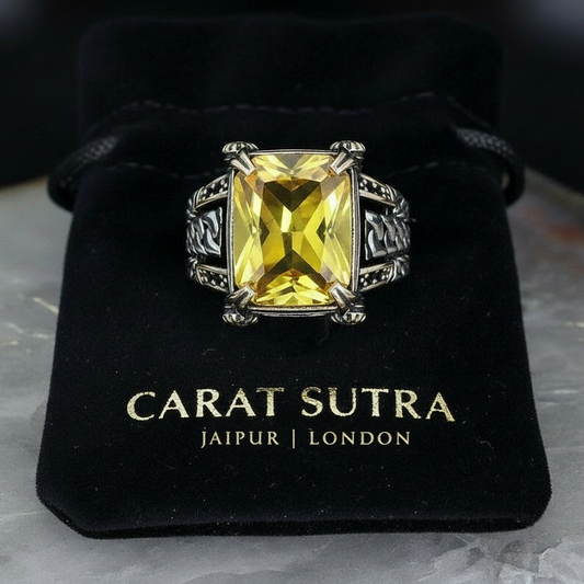 Versace Designed Turkish Style Ring with 12 ct Natural Yellow Citrine ,925 Sterling Silver Oxidized Ring | With Certificate of Authenticity and 925 Hallmark