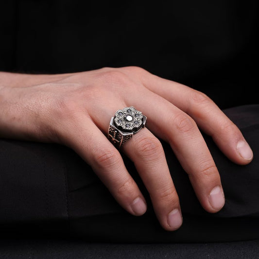 RARE PRINCE by CARAT SUTRA | Unique Turkish Style Ring with 6 stone Black Zircon | 925 Sterling Silver Oxidized Ring | Men's Jewelry | With Certificate of Authenticity and 925 Hallmark