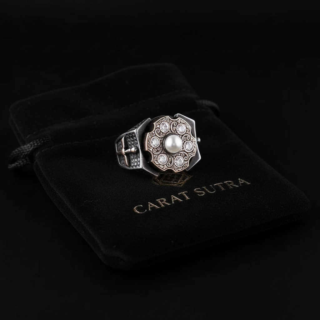 RARE PRINCE by CARAT SUTRA | Unique Designed Turkish Style Ring with 6 Stone White Zirconia | 925 Sterling Silver Oxidized Ring | Men's Jewelry | With Certificate of Authenticity and 925 Hallmark
