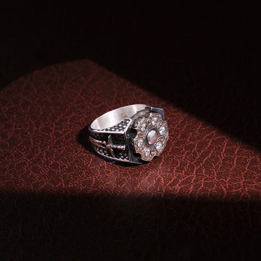 RARE PRINCE by CARAT SUTRA | Unique Designed Turkish Style Ring with 6 Stone White Zirconia | 925 Sterling Silver Oxidized Ring | Men's Jewelry | With Certificate of Authenticity and 925 Hallmark