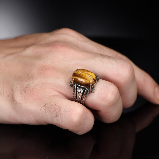 RARE PRINCE by CARAT SUTRA | Unique Designed Turkish Style Ring with Natural Tiger Eye | 925 Sterling Silver Oxidized Ring | Men's Jewelry | With Certificate of Authenticity and 925 Hallmark
