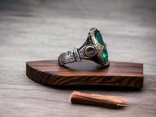 Unique Designed Turkish Style Ring with Emerald | 925 Sterling Silver Oxidized Ring |With Certificate of Authenticity and 925 Hallmark