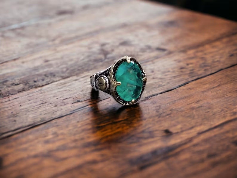 Unique Designed Turkish Style Ring with Emerald | 925 Sterling Silver Oxidized Ring |With Certificate of Authenticity and 925 Hallmark
