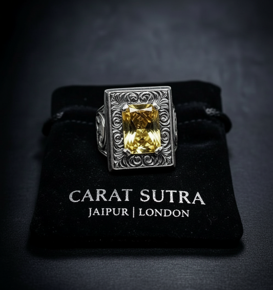 RARE PRINCE by CARAT SUTRA | Unique Hand-Engraved Turkish Style Ring with AAA+ Natural Yellow Citrine, 925 Sterling Silver Oxidized Ring | Men's Jewelry | With Certificate of Authenticity and 925 Hallmark