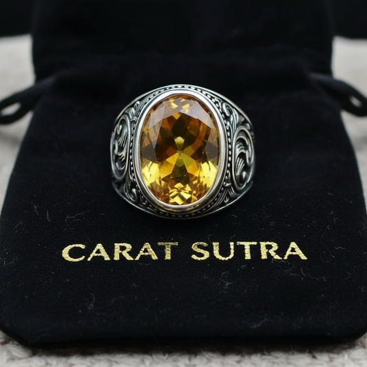 RARE PRINCE by CARAT SUTRA | Unique Designed Turkish Style Ring with Natural Yellow Citrine , 925 Sterling Silver Oxidized Ring | Men's Jewelry | With Certificate of Authenticity and 925 Hallmark