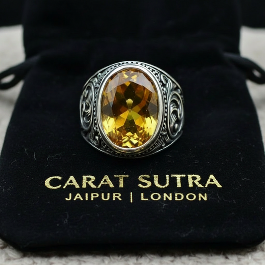 RARE PRINCE by CARAT SUTRA | Unique Designed Turkish Style Ring with Natural Yellow Citrine , 925 Sterling Silver Oxidized Ring | Men's Jewelry | With Certificate of Authenticity and 925 Hallmark
