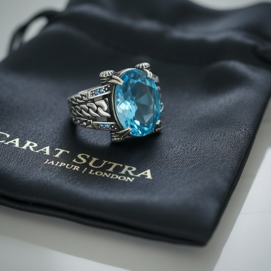 RARE PRINCE by CARAT SUTRA | Exclusively Designed Ring with Blue Topaz | 925 Sterling Silver Oxidized Ring | Men's Jewelry | With Certificate of Authenticity and 925 Hallmark - caratsutra