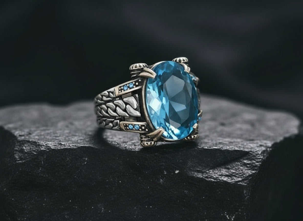 RARE PRINCE by CARAT SUTRA | Exclusively Designed Ring with Blue Topaz | 925 Sterling Silver Oxidized Ring | Men's Jewelry | With Certificate of Authenticity and 925 Hallmark
