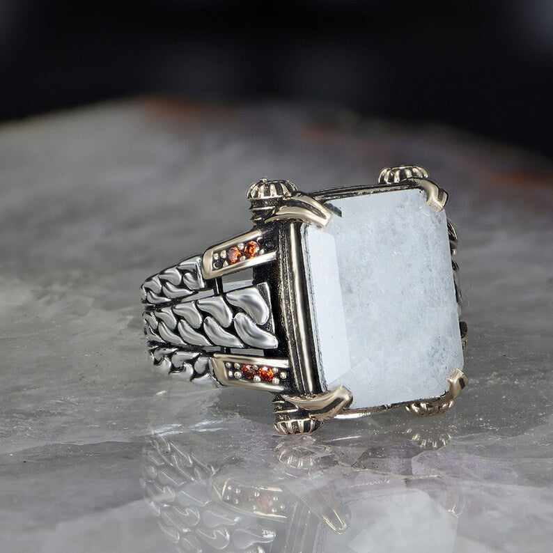 RARE PRINCE by CARAT SUTRA | Unique Designed Turkish Style Ring with Natural Moonstone | 925 Sterling Silver Oxidized Ring | Men's Jewelry | With Certificate of Authenticity and 925 Hallmark