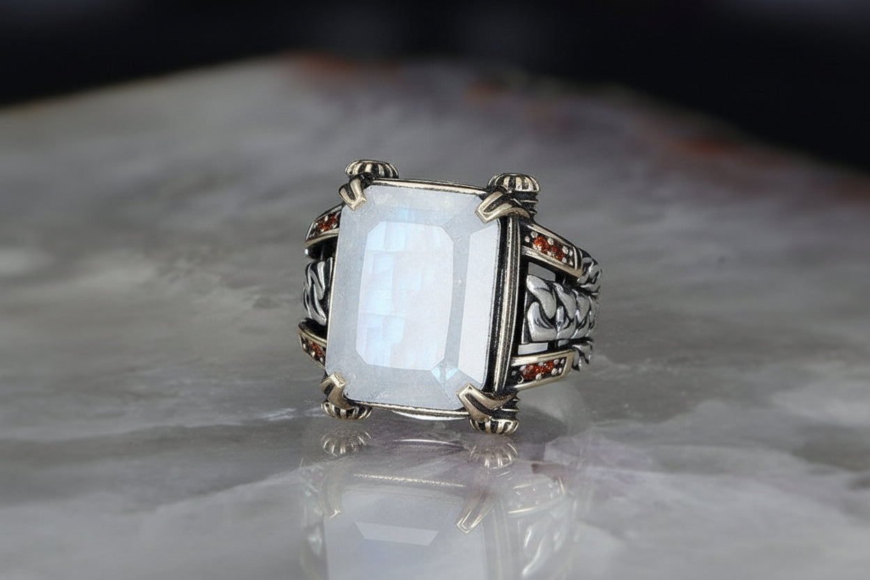 RARE PRINCE by CARAT SUTRA | Unique Designed Turkish Style Ring with Natural Moonstone | 925 Sterling Silver Oxidized Ring | Men's Jewelry | With Certificate of Authenticity and 925 Hallmark - caratsutra