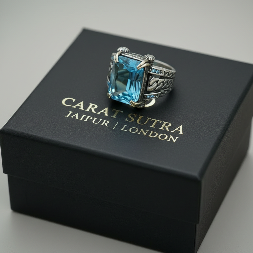 RARE PRINCE by CARAT SUTRA | Exclusively Designed Ring with Blue Topaz | 925 Sterling Silver Oxidized Ring | Men's Jewelry | With Certificate of Authenticity and 925 Hallmark - caratsutra