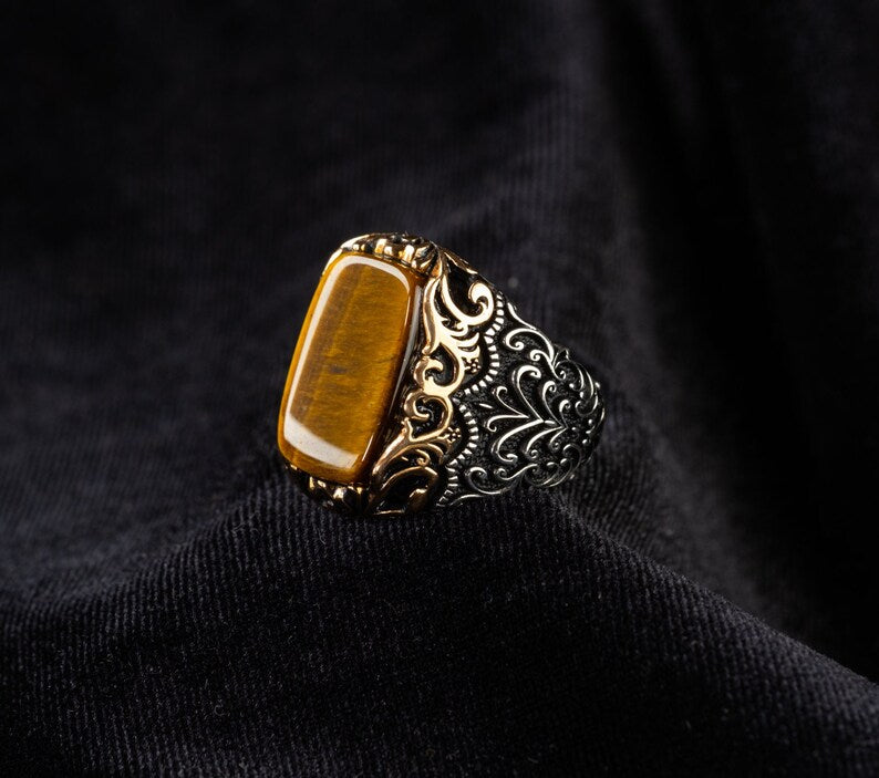RARE PRINCE by CARAT SUTRA | Unique Designed Turkish Style Ring with Natural Tiger Eye | 925 Sterling Silver Oxidized Ring | Men's Jewelry | With Certificate of Authenticity and 925 Hallmark