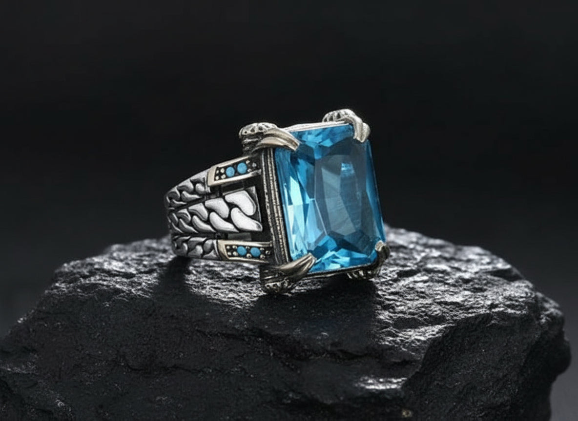 RARE PRINCE by CARAT SUTRA | Exclusively Designed Ring with Blue Topaz | 925 Sterling Silver Oxidized Ring | Men's Jewelry | With Certificate of Authenticity and 925 Hallmark